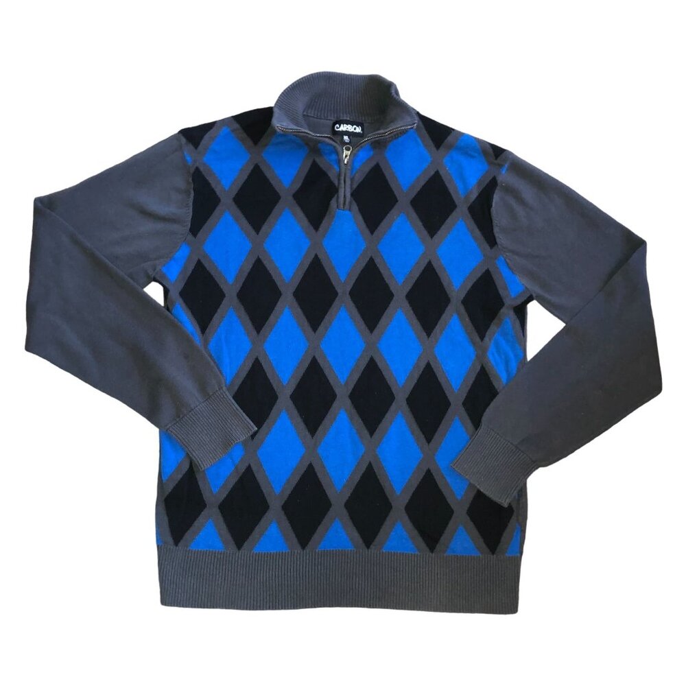 Y2K Carbon Argyle Sweater Sz XL 1/4 Zip 100% Cotton Blue Black Gray Long Sleeve